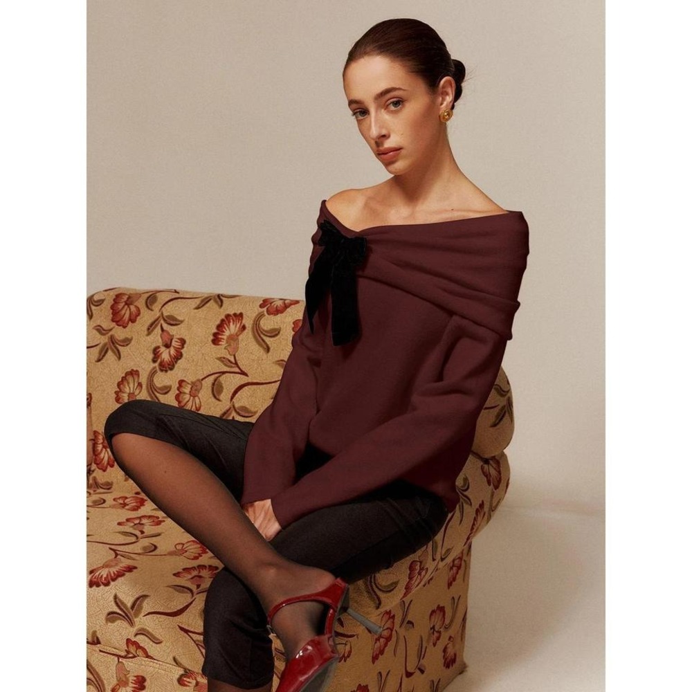 Burgundy Velvet-Bow Off-Shoulder Ruched Sweater Sweater medium NWT #commense